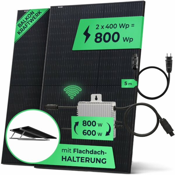 Solarway Balkonkraftwerk 800W Komplett Steckdose, 600W/800W Ausgang ist einstellbar, 2 x 400W JaSolar-Module, 1 x Deye Wechselrichter mit APP&WiFi + Zubehör, Plug&Play