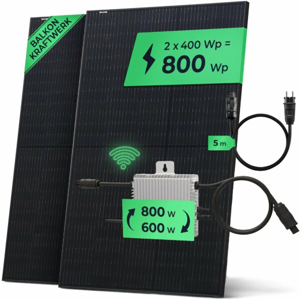 Solarway Balkonkraftwerk 800W Komplett Steckdose, 600W/800W Ausgang ist einstellbar, 2 x 400W JaSolar-Module, 1 x Deye Wechselrichter mit APP&WiFi + Zubehör, Plug&Play