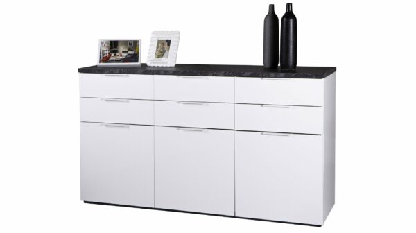 Die Möbelfundgrube Sideboard weiß hochglanz - Marmoroptik 180 cm 3-türig - MUNDI