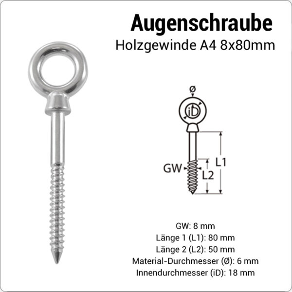 MarineTech Augschraube mit Holzgewinde 8 x 80mm