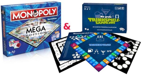 Winning Moves Spiel, Brettspiel Partyspielebundle: Monopoly Mega + Die große Trinkspielesammlung, mit Tempowürfel