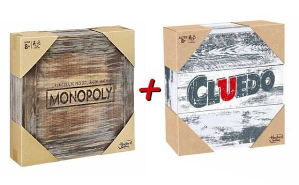 Hasbro Spiel, Brettspiel Monopoly Holz Sonderedition + Cluedo Rustikal