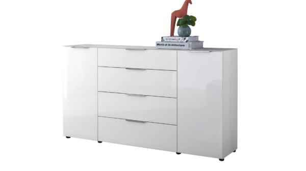 Die Möbelfundgrube Sideboard 4 Schubladen - weiß - Glasfront - 180 cm - SANTORIN