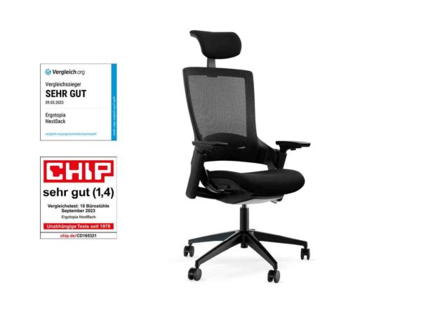 Ergotopia Ergotopia® NextBack ergonomischer Bürostuhl / Schreibtischstuhl inkl. verstellbarer Sitzfläche, Lordosenstütze, Armlehnen & Kopfstütze für dynamisch-gesundes Sitzen