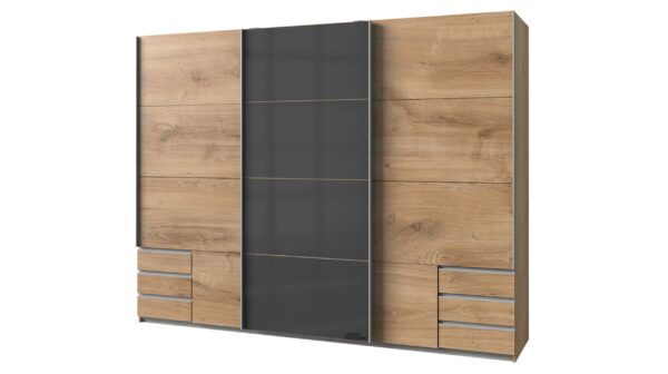 Die Möbelfundgrube Schwebetürenschrank Glasfront - Plankeneiche - graphit - 270 cm - VALENCIA