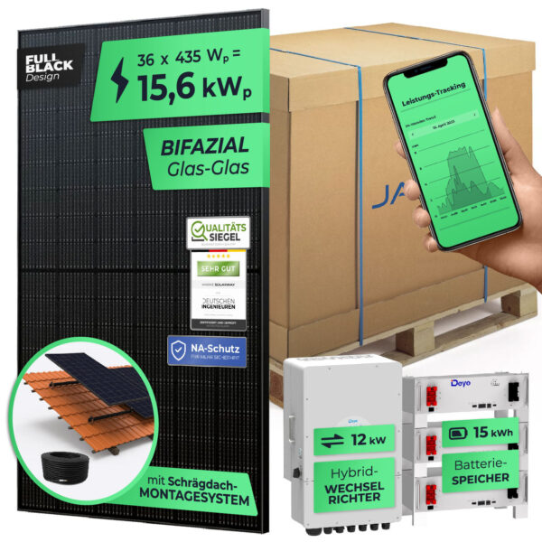 SOLARWAY Solaranlage Komplettset 15 kW (36x bifaziale Panels), Deye SUN-12K-SG04LP3 (12 kW Ausgang) + Deye 15 kWh Speicher inkl. Montagesystem, App & WiFi