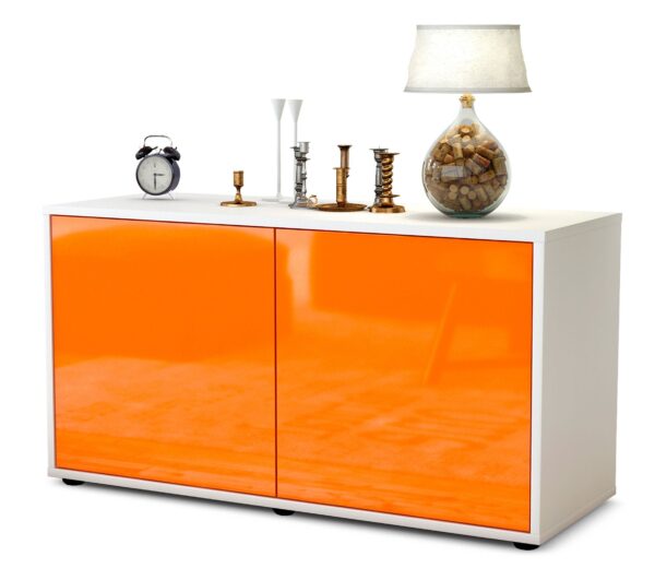 Lowboard - Ada - Design Hochglanz - Freistehend mit Push to Open 92 cm Weiss - Front Orange  Bestellnummer:1010100008