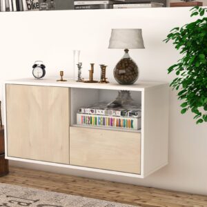 Lowboard - Adriana - Design Holzdekor - Wandmontage mit Push to Open 92 cm Weiss - Front Pinie  Bestellnummer:1010100345