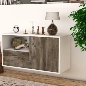 Lowboard - Adrina - Design Holzdekor - Wandmontage mit Push to Open 92 cm Weiss - Front Pinie  Bestellnummer:1010100447