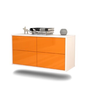 Lowboard - Aella - Design Hochglanz - Wandmontage mit Push to Open 92 cm Weiss - Front Orange  Bestellnummer:1010100552