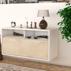 Lowboard - Agostina - Design Holzdekor - Wandmontage mit Push to Open 92 cm Weiss - Front Pinie  Bestellnummer:1010101059