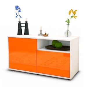 Lowboard - Ajda - Design Hochglanz - Freistehend mit Push to Open 92 cm Weiss - Front Orange  Bestellnummer:1010101232