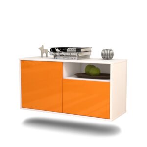 Lowboard - Ajda - Design Hochglanz - Wandmontage mit Push to Open 92 cm Weiss - Front Orange  Bestellnummer:1010101266