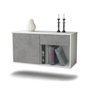 Lowboard - Alberina - Design Industrie Stil - Wandmontage mit Push to Open 92 cm Weiss - Front Beton  Bestellnummer:1010101362