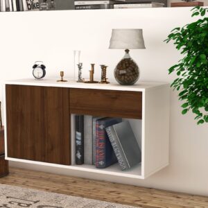 Lowboard - Alberina - Design Holzdekor - Wandmontage mit Push to Open 92 cm Weiss - Front Pinie  Bestellnummer:1010101365