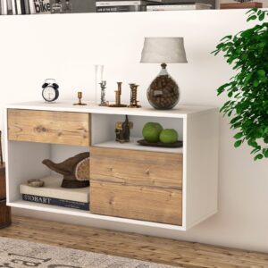 Lowboard - Albina - Design Holzdekor - Wandmontage mit Push to Open 92 cm Weiss - Front Eiche  Bestellnummer:1010101465