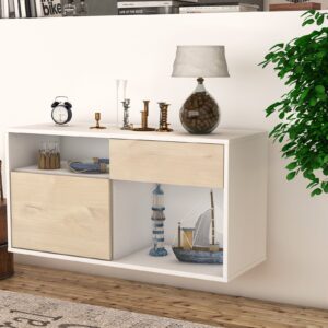 Lowboard - Alecia - Design Holzdekor - Wandmontage mit Push to Open 92 cm Weiss - Front Pinie  Bestellnummer:1010101569