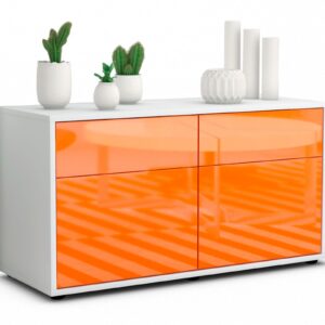 Lowboard - Alena - Design Hochglanz - Freistehend mit Push to Open 92 cm Weiss - Front Orange  Bestellnummer:1010101742