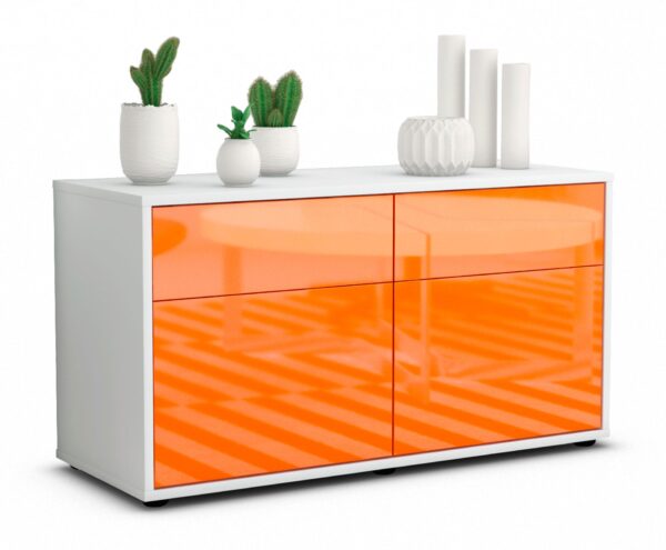 Lowboard - Alena - Design Hochglanz - Freistehend mit Push to Open 92 cm Weiss - Front Orange  Bestellnummer:1010101742