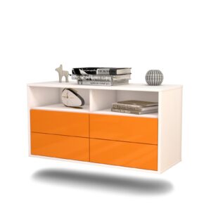 Lowboard - Alia - Design Hochglanz - Wandmontage mit Push to Open 92 cm Weiss - Front Orange  Bestellnummer:1010102694