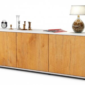 Lowboard - Allegra - Design Holzdekor - Freistehend mit Push to Open 136 cm Weiss - Front Eiche  Bestellnummer:1010200003