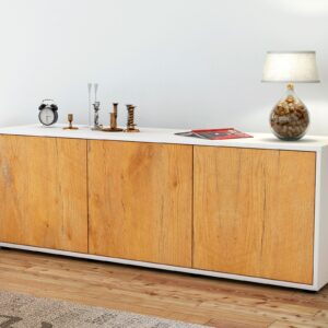 Lowboard - Allegra - Design Holzdekor - Freistehend mit Push to Open 136 cm Weiss - Front Pinie  Bestellnummer:1010200005