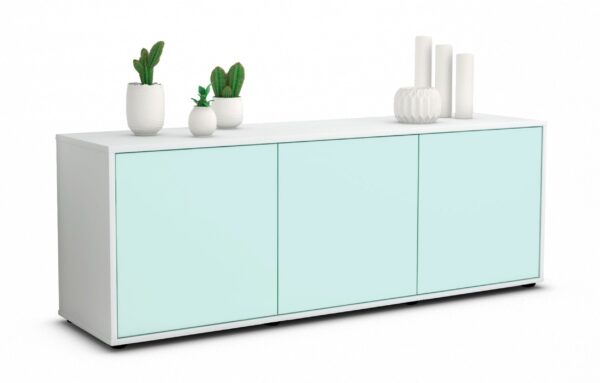 Lowboard - Allegra - Design Farbakzent - Freistehend mit Push to Open 136 cm Weiss - Front Mint  Bestellnummer:1010200013