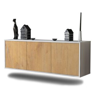 Lowboard - Allegra - Design Holzdekor - Wandmontage mit Push to Open 136 cm Weiss - Front Eiche  Bestellnummer:1010200037