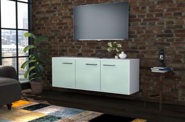 Lowboard - Allegra - Design Farbakzent - Wandmontage mit Griffe 136 cm Weiss - Front Lila  Bestellnummer:1010200066