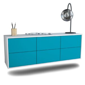 Lowboard - Alva - Design Farbakzent - Wandmontage mit Push to Open 136 cm Weiss - Front T?rkis  Bestellnummer:1010200356