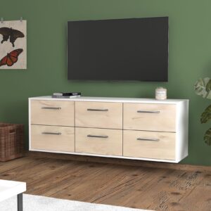 Lowboard - Alva - Design Holzdekor - Wandmontage mit Griffe 136 cm Weiss - Front Pinie  Bestellnummer:1010200362