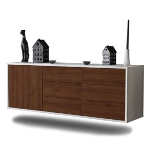 Lowboard - Amedea - Design Holzdekor - Wandmontage mit Push to Open 136 cm Weiss - Front Walnuss  Bestellnummer:1010201364