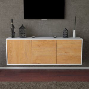 Lowboard - Amedea - Design Holzdekor - Wandmontage mit Push to Open 136 cm Weiss - Front Treibholz  Bestellnummer:1010201367