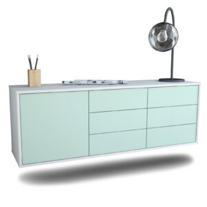 Lowboard - Amedea - Design Farbakzent - Wandmontage mit Push to Open 136 cm Weiss - Front T?rkis  Bestellnummer:1010201376