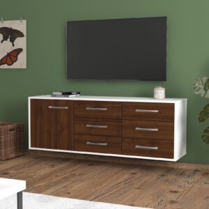 Lowboard - Amedea - Design Holzdekor - Wandmontage mit Griffe 136 cm Weiss - Front Pinie  Bestellnummer:1010201382