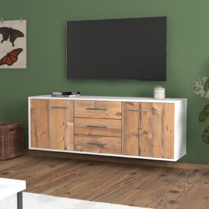 Lowboard - Ameline - Design Holzdekor - Wandmontage mit Griffe 136 cm Weiss - Front Eiche  Bestellnummer:1010201482