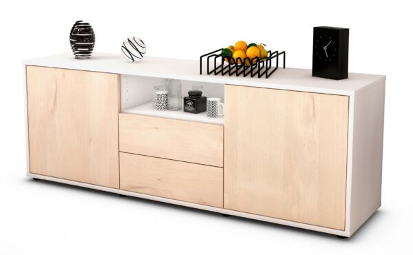 Lowboard - Ameriga - Design Holzdekor - Freistehend mit Push to Open 136 cm Weiss - Front Zeder  Bestellnummer:1010201536