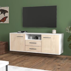 Lowboard - Ameriga - Design Holzdekor - Wandmontage mit Griffe 136 cm Weiss - Front Pinie  Bestellnummer:1010201586