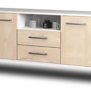 Lowboard - Ameriga - Design Holzdekor - Wandmontage mit Griffe 136 cm Weiss - Front Zeder  Bestellnummer:1010201587