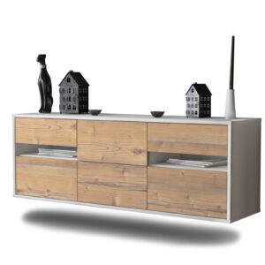 Lowboard - Andrea - Design Holzdekor - Wandmontage mit Push to Open 136 cm Weiss - Front Pinie  Bestellnummer:1010202079