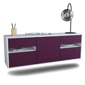 Lowboard - Andrea - Design Farbakzent - Wandmontage mit Push to Open 136 cm Weiss - Front Lila  Bestellnummer:1010202089