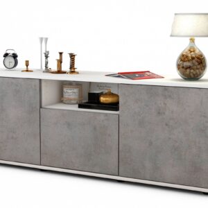 Lowboard - Andreana - Design Industrie Stil - Freistehend mit Push to Open 136 cm Weiss - Front Beton  Bestellnummer:1010202144