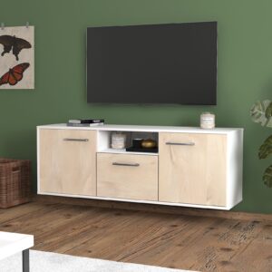 Lowboard - Andreana - Design Holzdekor - Wandmontage mit Griffe 136 cm Weiss - Front Pinie  Bestellnummer:1010202198