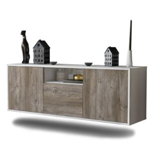 Lowboard - Andrina - Design Holzdekor - Wandmontage mit Push to Open 136 cm Weiss - Front Treibholz  Bestellnummer:1010202285