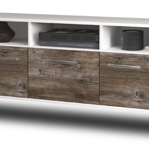 Lowboard - Andrina - Design Holzdekor - Wandmontage mit Griffe 136 cm Weiss - Front Treibholz  Bestellnummer:1010202302