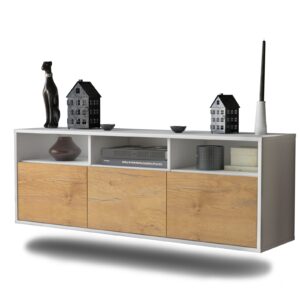 Lowboard - Anella - Design Holzdekor - Wandmontage mit Push to Open 136 cm Weiss - Front Eiche  Bestellnummer:1010202383