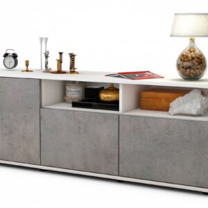 Lowboard - Angelina - Design Industrie Stil - Freistehend mit Push to Open 136 cm Weiss - Front Beton  Bestellnummer:1010202552