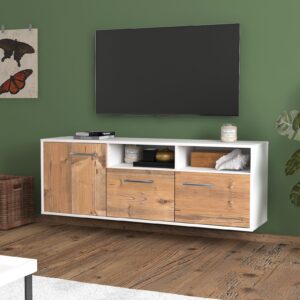 Lowboard - Angelina - Design Holzdekor - Wandmontage mit Griffe 136 cm Weiss - Front Eiche  Bestellnummer:1010202604