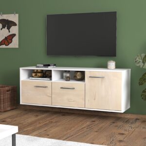 Lowboard - Anina - Design Holzdekor - Wandmontage mit Griffe 136 cm Weiss - Front Pinie  Bestellnummer:1010202708