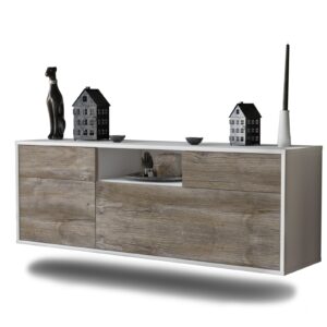 Lowboard - Anita - Design Holzdekor - Wandmontage mit Push to Open 136 cm Weiss - Front Treibholz  Bestellnummer:1010202897